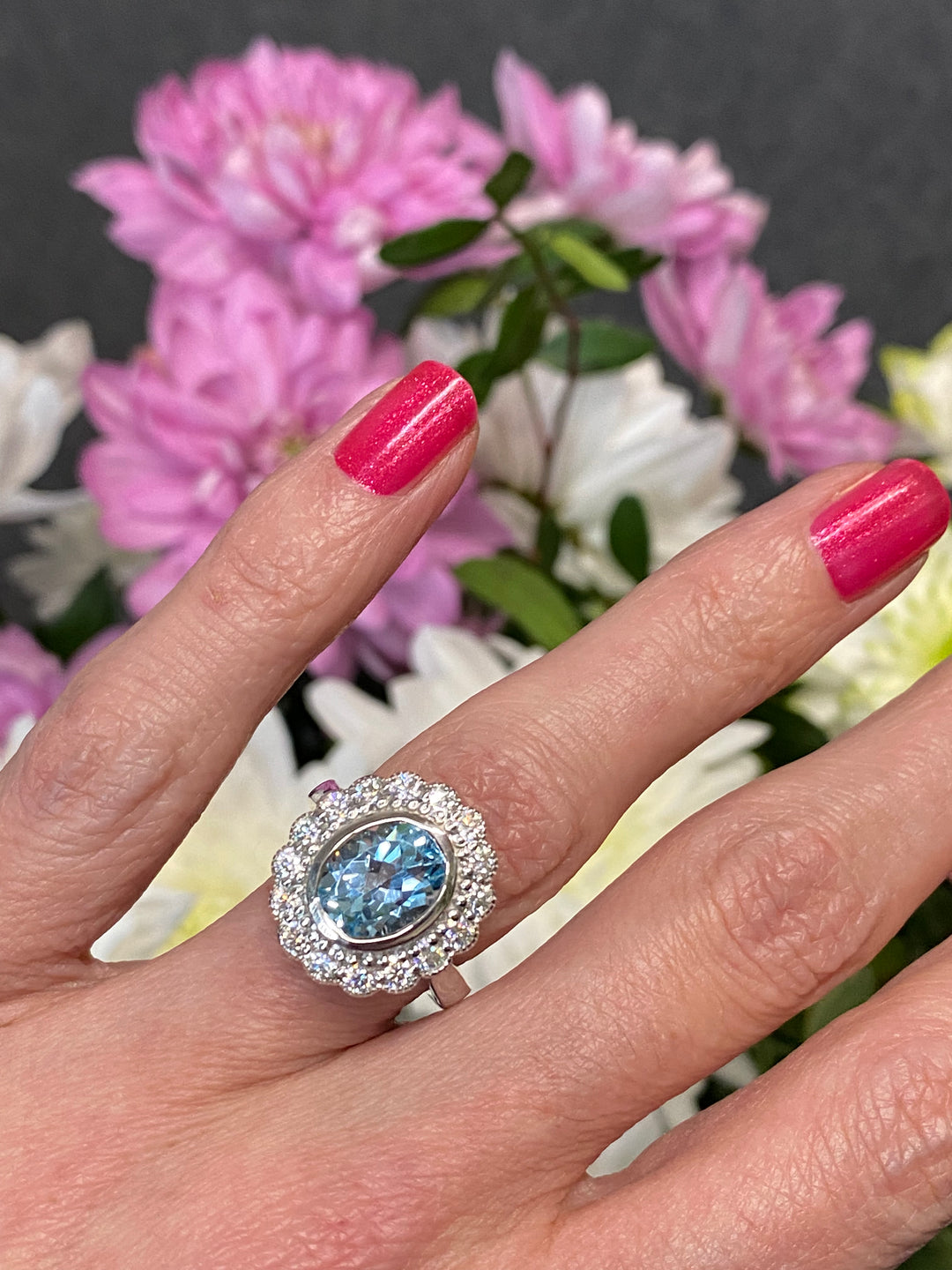 4.25 CTW Oval Cut Blue Topaz and Moissanite Halo Cocktail Ring