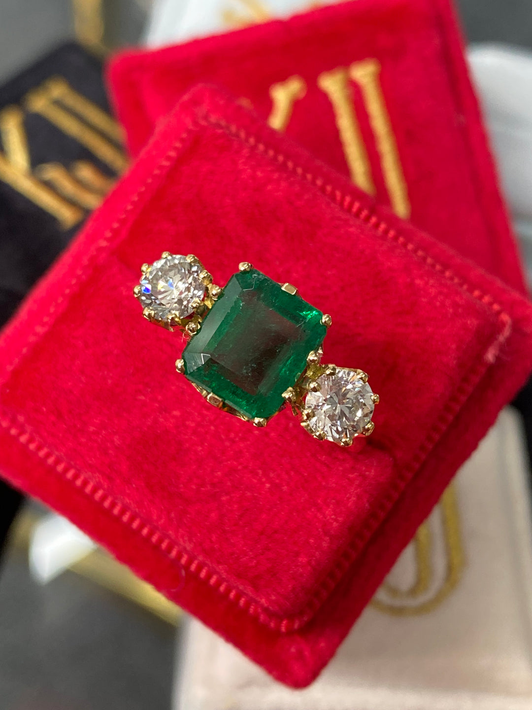 3 Carat Emerald and Diamond Three Stone Engagement Ring in Yellow Gold 
