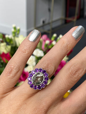 Oval Cut Green and Purple Amethyst Halo Cocktail Ring in Sterling Silver