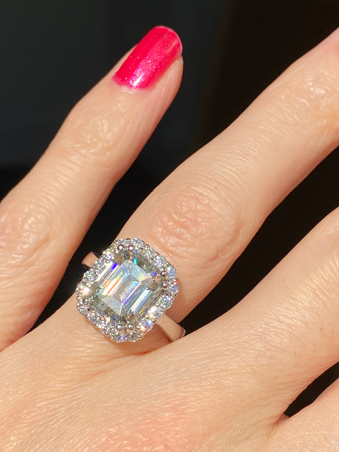 4 Carat Emerald Cut Moissanite Halo Engagement Ring Katherine James Jewellery 