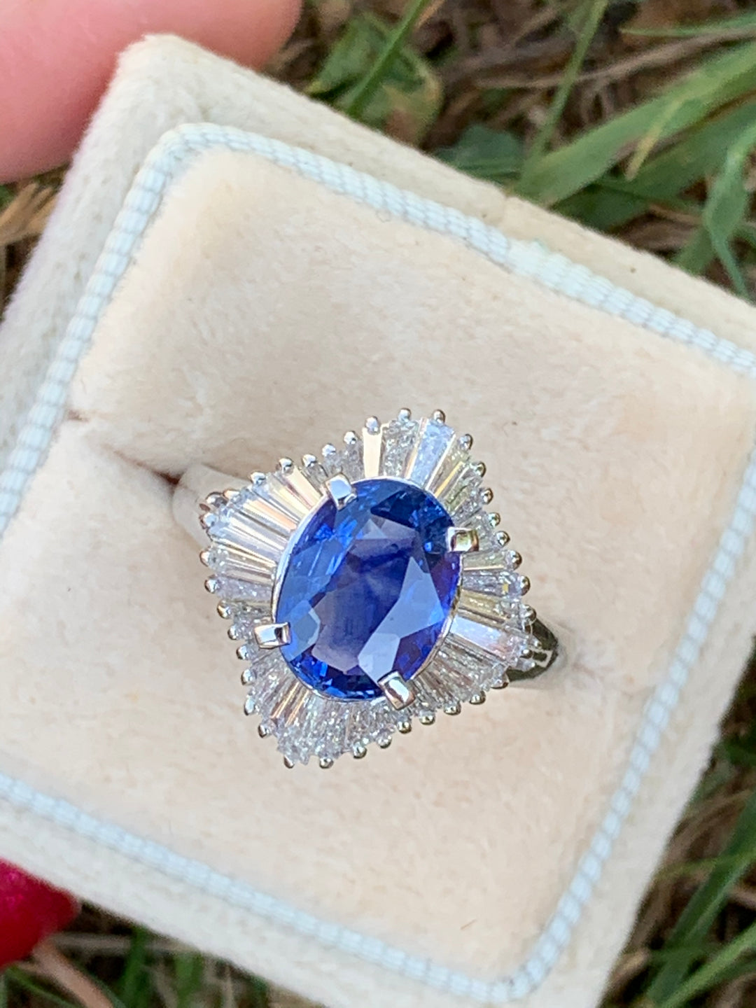 Oval Cut Blue Ceylon Sapphire and Diamond Engagement Ring in Platinum 