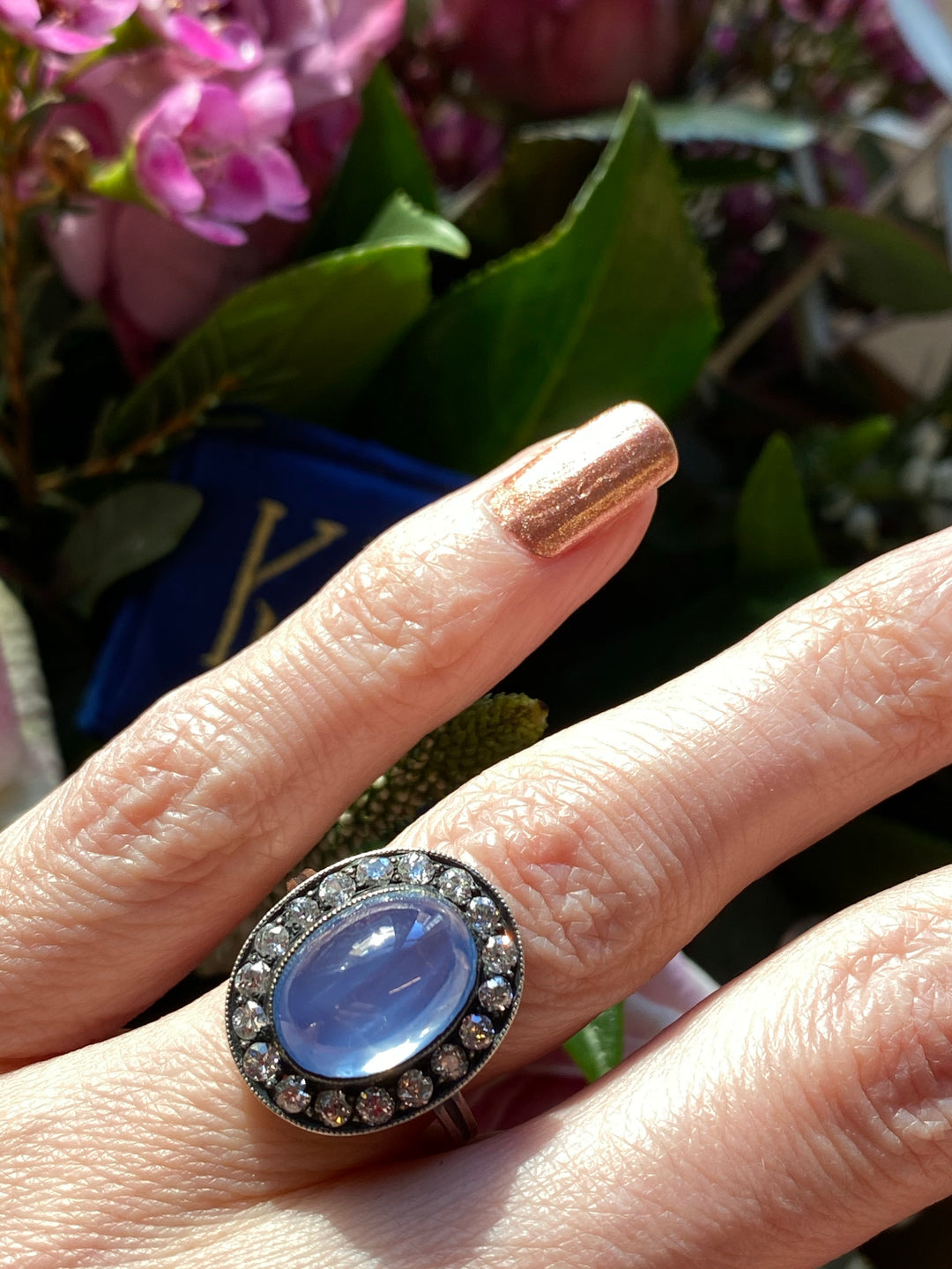 9.00 Carat Antique Blue Ceylon No Heat Cabochon Sapphire and Diamond Ring in 18ct Yellow Gold and Silver
