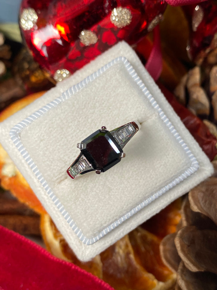 1.30 Carat Emerald Cut Black Diamond Art Deco Engagement Ring in Platinum