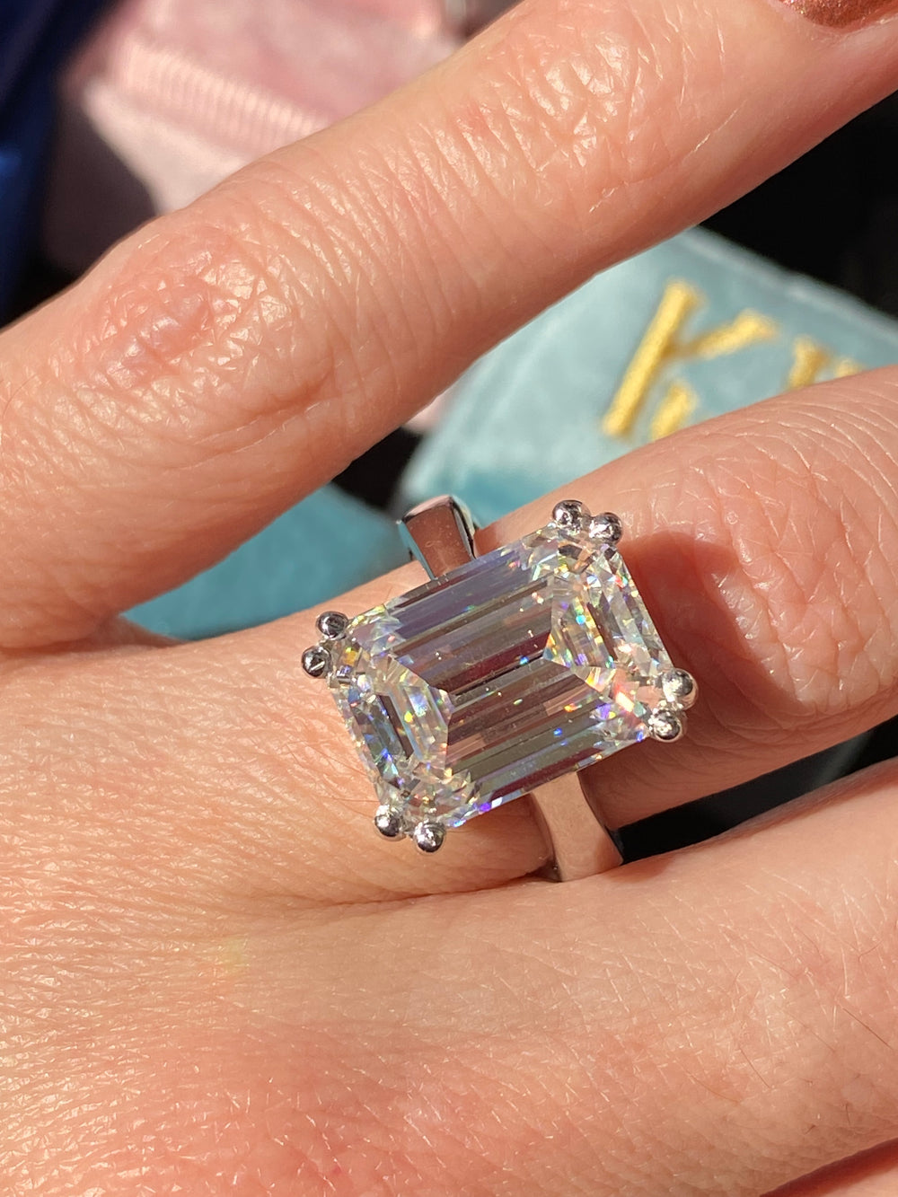 8.65 Carat Emerald Cut Moissanite Engagement Ring Katherine James Jewellery 