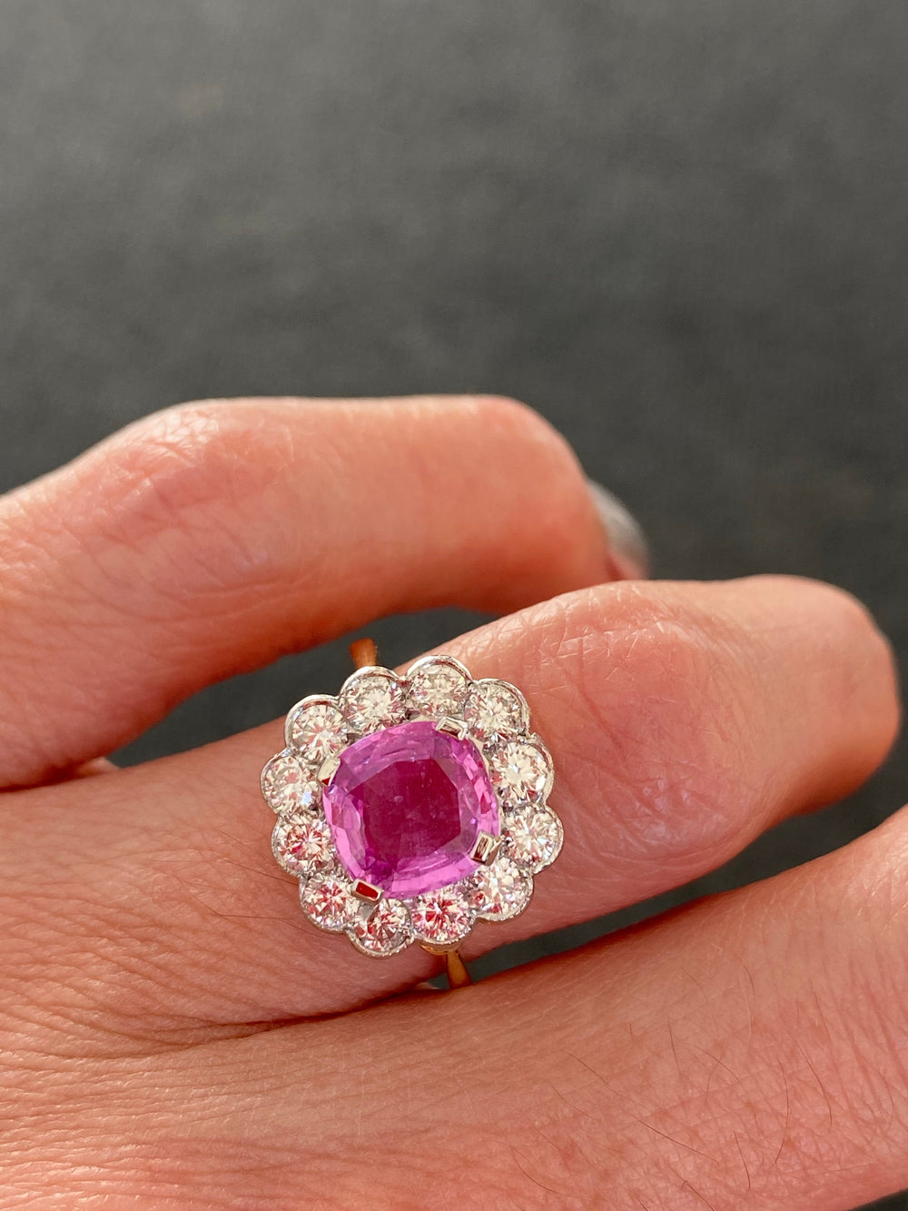 2 Carat Pink Sapphire and Diamond Antique Style Halo Engagement Ring in White and Yellow Gold 