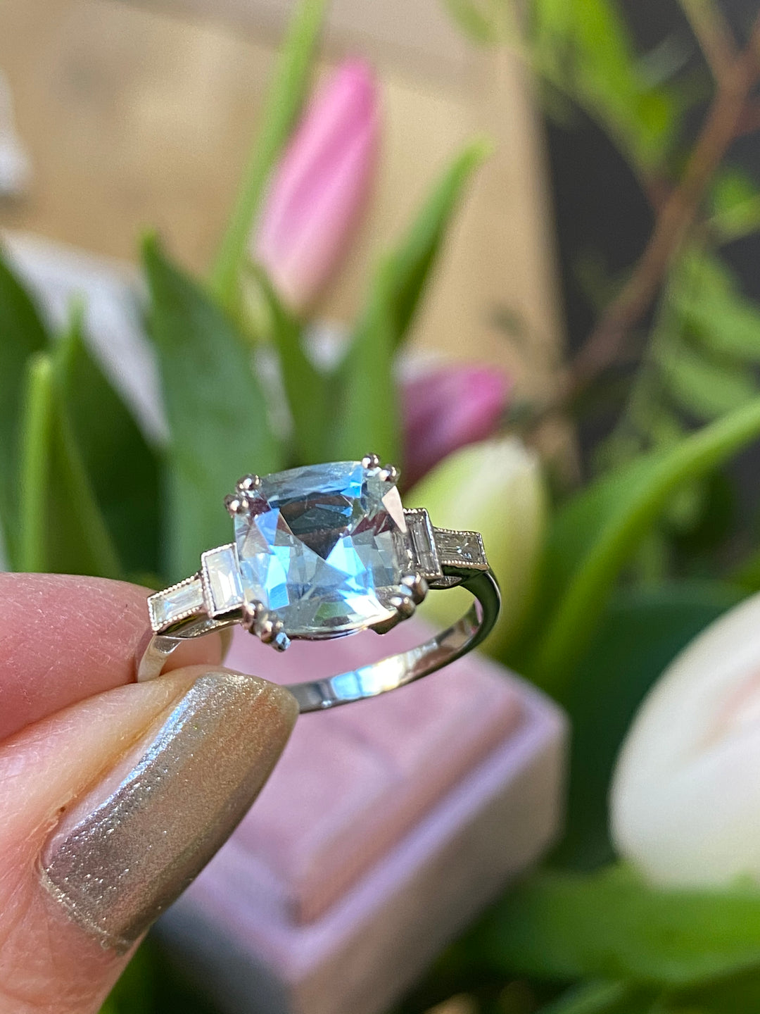 2.00 Carat Cushion Cut Aquamarine and Diamond Art Deco Engagement Ring in Platinum