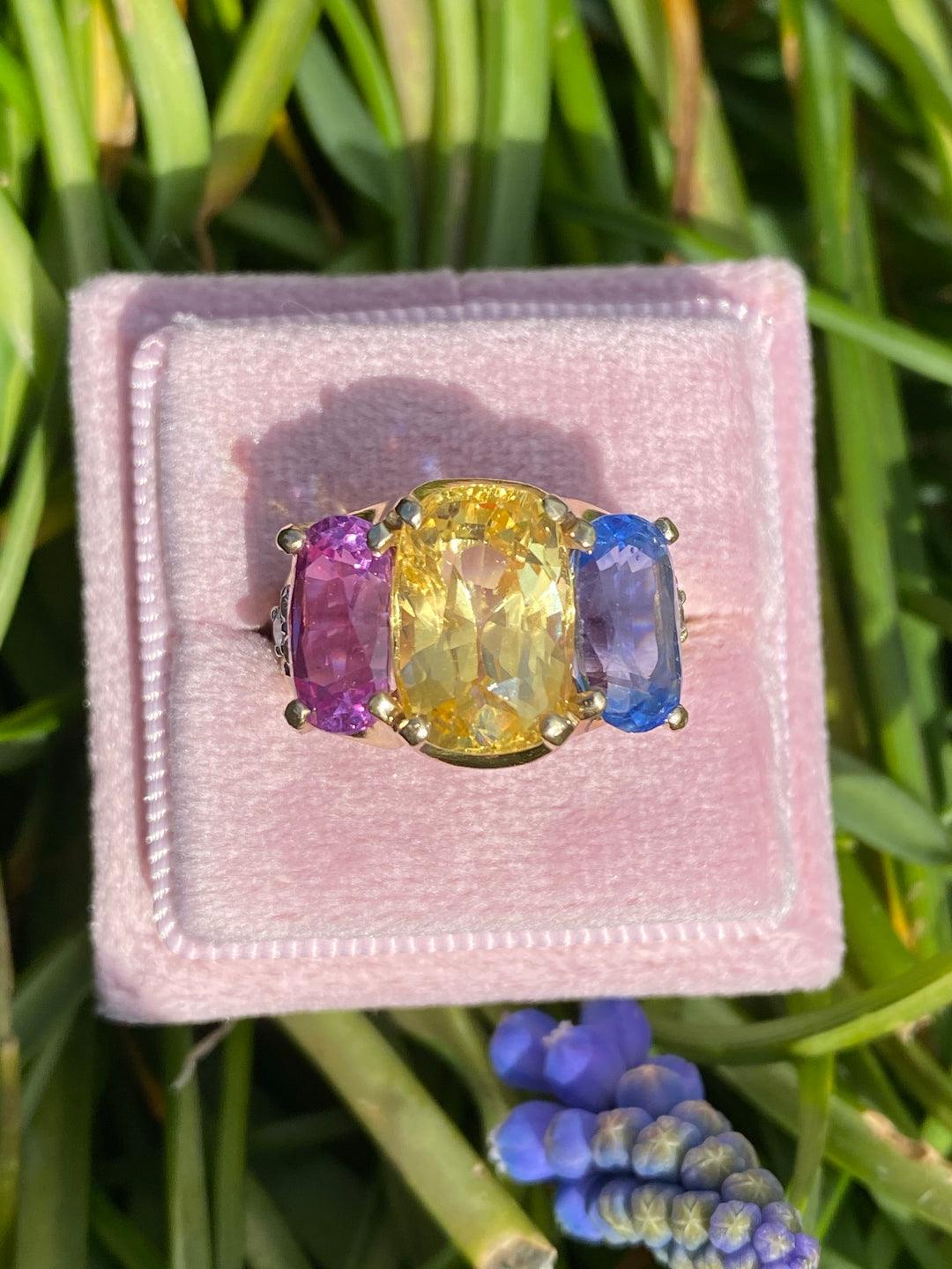 11.94 CTW No Heat Yellow, Blue and Pink Sapphire Trilogy Ring in 18ct Yellow Gold