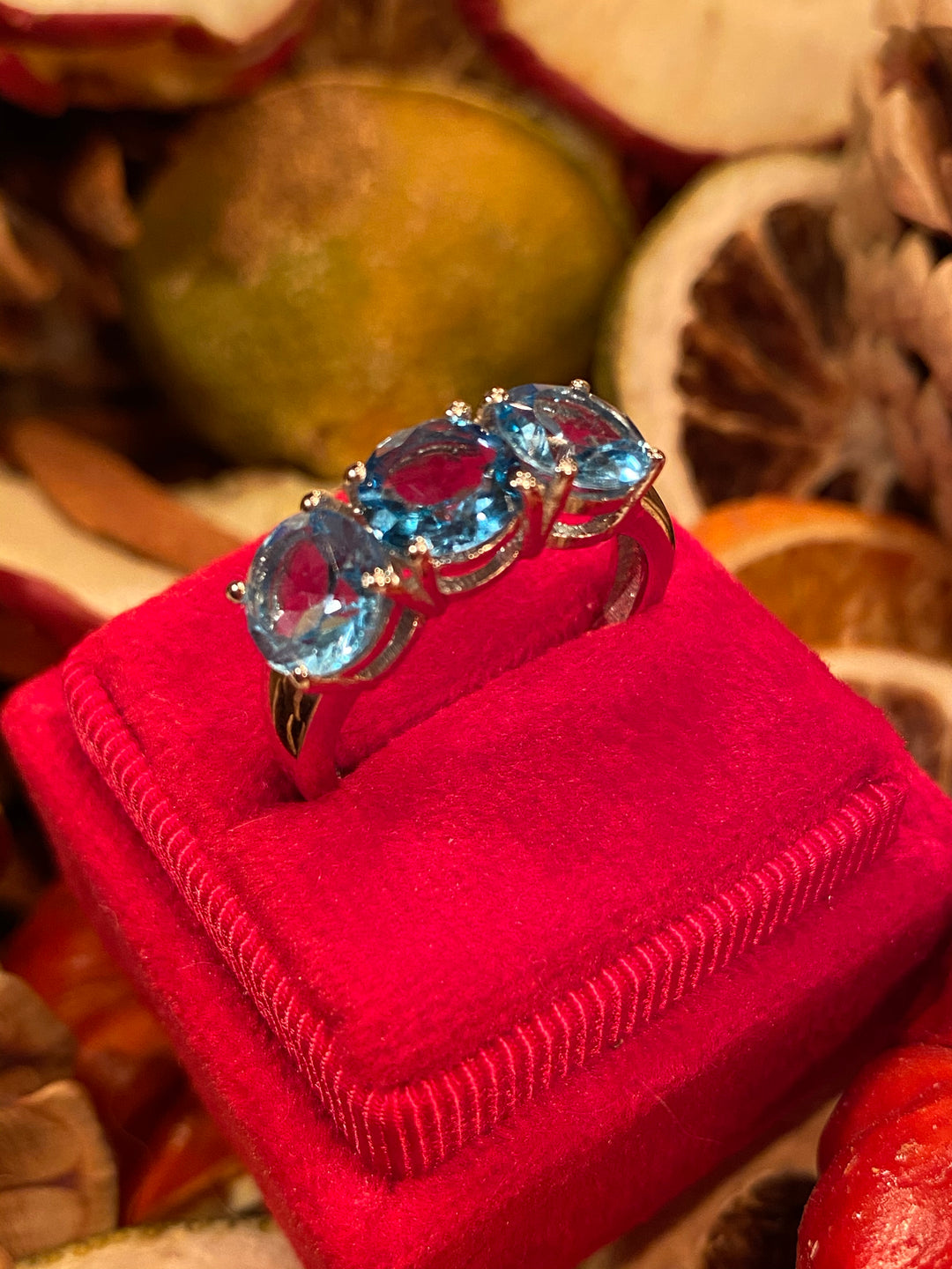 Blue Topaz Three Stone Ring in Sterling Silver