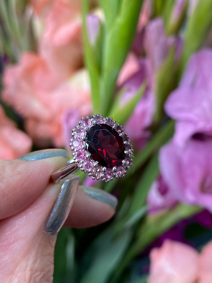 Red Garnet and Pink Tourmaline Oval Halo Cocktail Ring in Sterling Silver